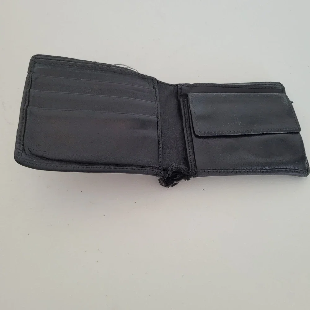 Gucci Mens Bifold Wallet Black Leather GG Guccissima Logo Coin Pocket AS IS